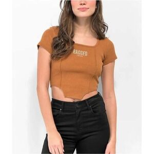 Ragged Priest Corset Hem Ribbed Crop Top Brown UK 10 |‎ Zumiez Y2K